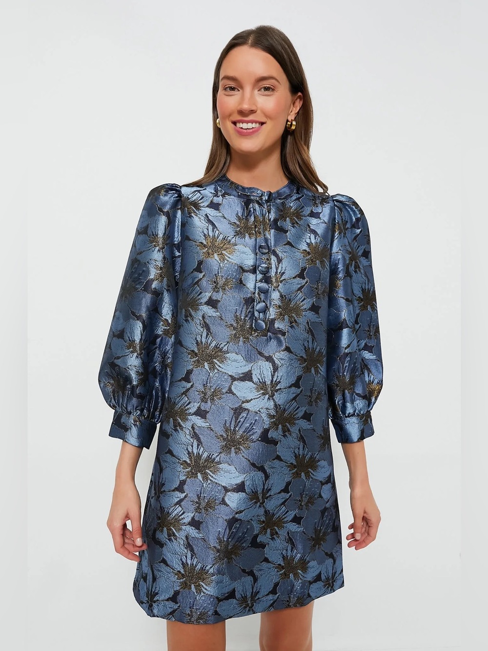 Pomander Place Magnolia Floral Jacquard Samantha Dress in Blue, Size XXL